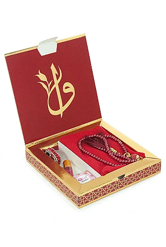 Anneler Gününe Özel - İnci Tesbih Zikirmatik Esans Şal Hediyelik Set - Kırmızı - 3