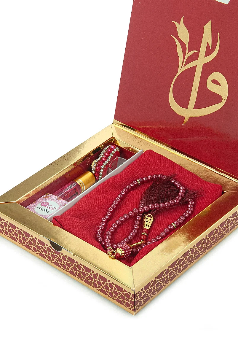 Anneler Gününe Özel - İnci Tesbih Zikirmatik Esans Şal Hediyelik Set - Kırmızı - 4