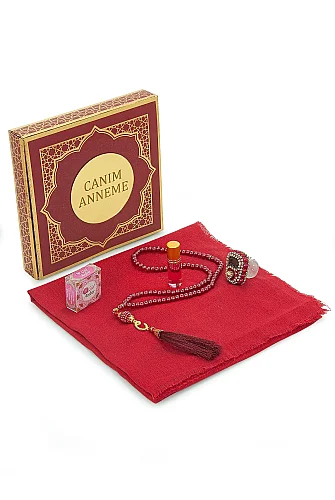 Anneler Gününe Özel - İnci Tesbih Zikirmatik Esans Şal Hediyelik Set - Kırmızı - 5
