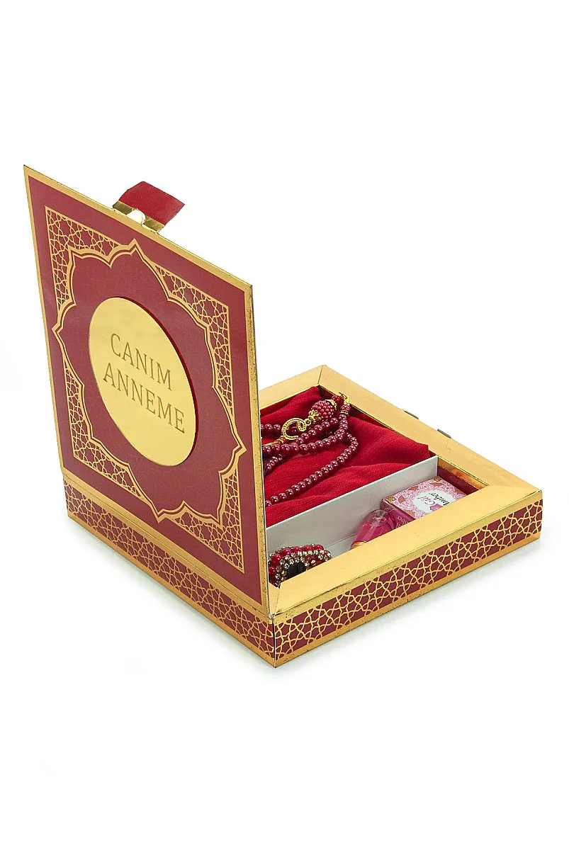 Anneler Gününe Özel - İnci Tesbih Zikirmatik Esans Şal Hediyelik Set - Kırmızı - 6