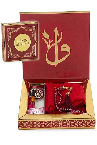 Anneler Gününe Özel - İnci Tesbih Zikirmatik Esans Şal Hediyelik Set - Kırmızı - 1