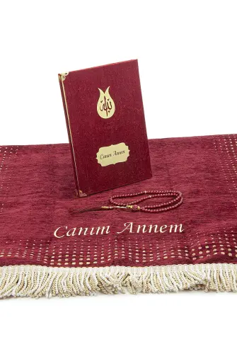 Anneler Gününe Özel İsim Nakışlı İnci Tesbih Yasin Kitabı Şönil Seccade Seti Bordo - ihvanonline (1)