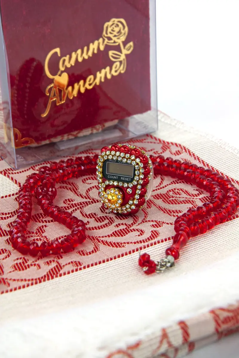 Anneler Gününe Özel Kadife Yasin Kitabı Seccade Seti Kristal Tesbihli - Bordo - 2