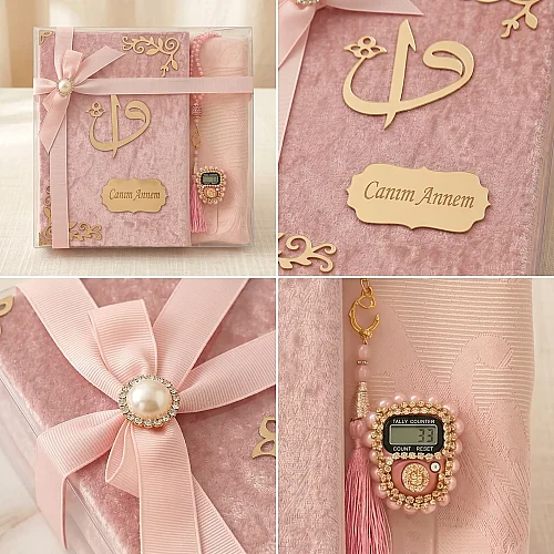 Anneler Gününe Özel Kuranı Kerim Seccade Seti Tesbihli Zikirmatikli Hediye Kutulu Pembe - 3