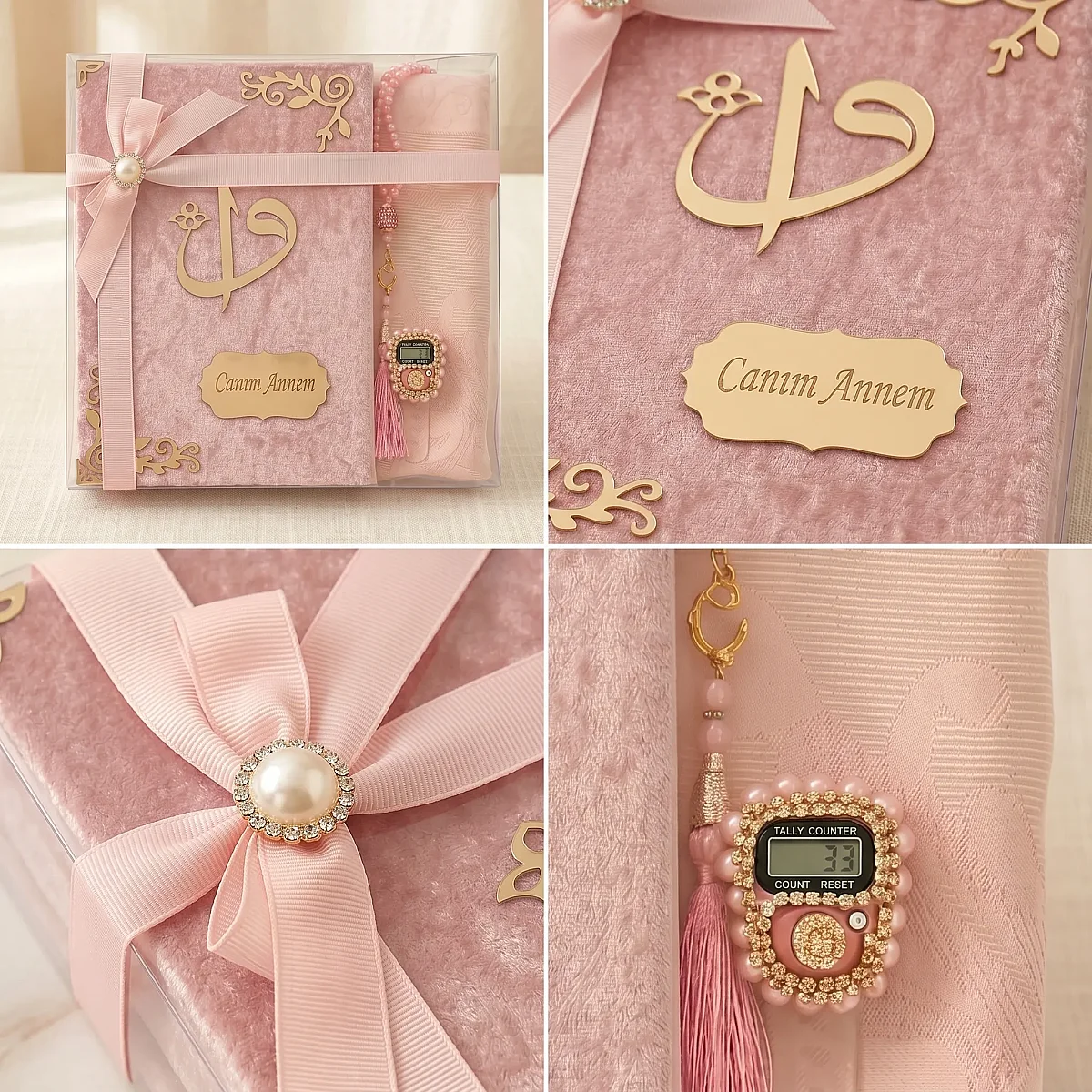 Anneler Gününe Özel Kuranı Kerim Seccade Seti Tesbihli Zikirmatikli Hediye Kutulu Pembe - 3