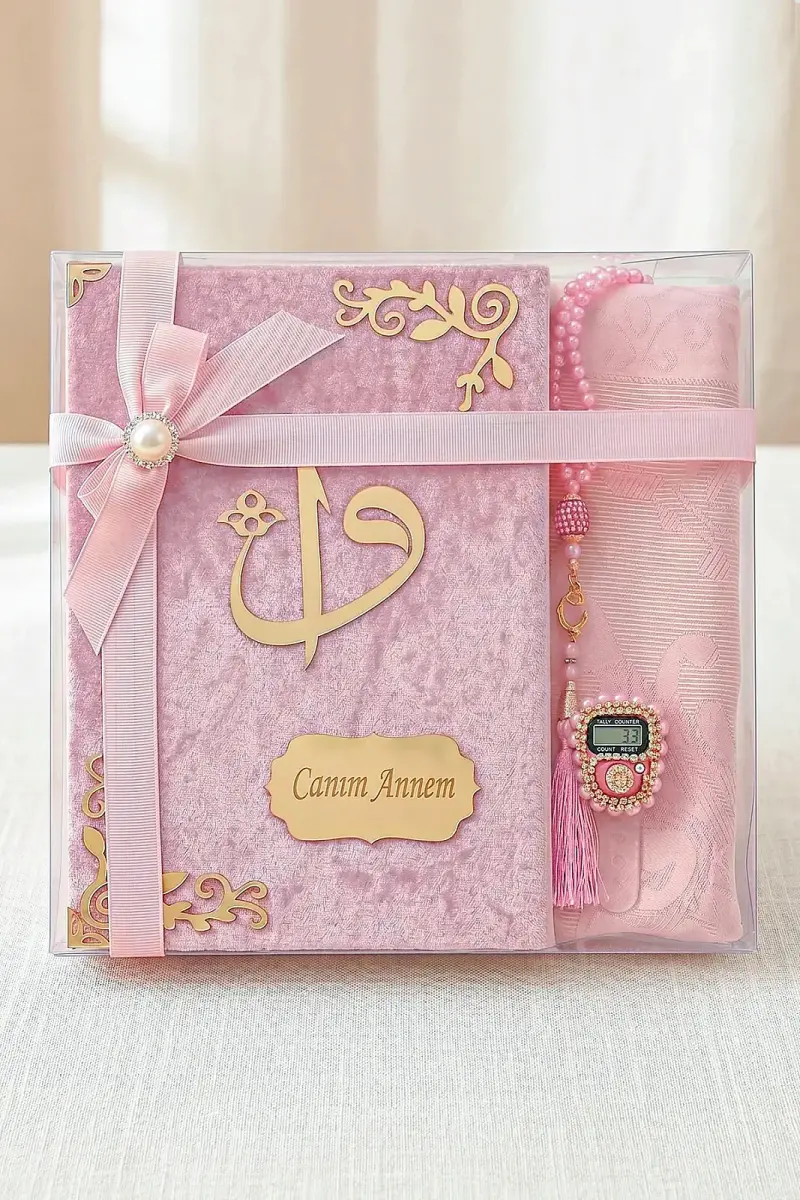 Anneler Gününe Özel Kuranı Kerim Seccade Seti Tesbihli Zikirmatikli Hediye Kutulu Pembe - 1
