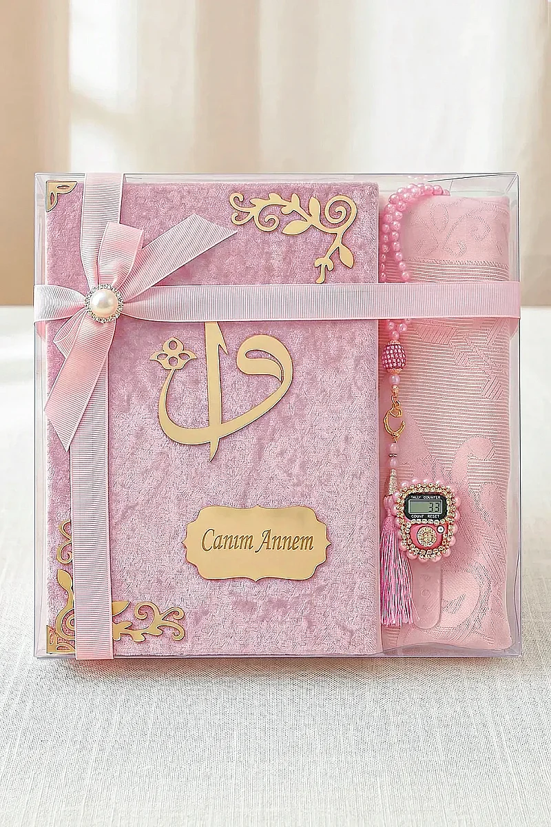 Anneler Gününe Özel Kuranı Kerim Seccade Seti Tesbihli Zikirmatikli Hediye Kutulu Pembe - 9