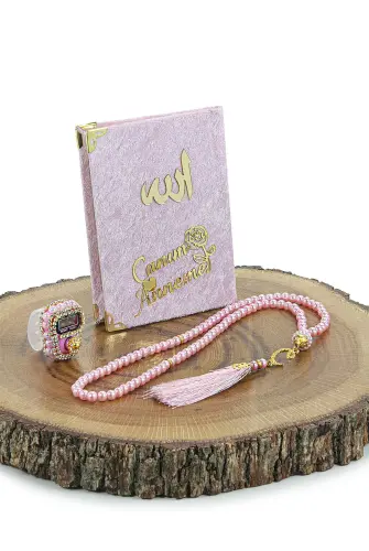 Anneler Gününe Özel Kutulu Kadife Yasin Kitabı Tesbih Zikirmatik Seccade Seti Pembe - 6