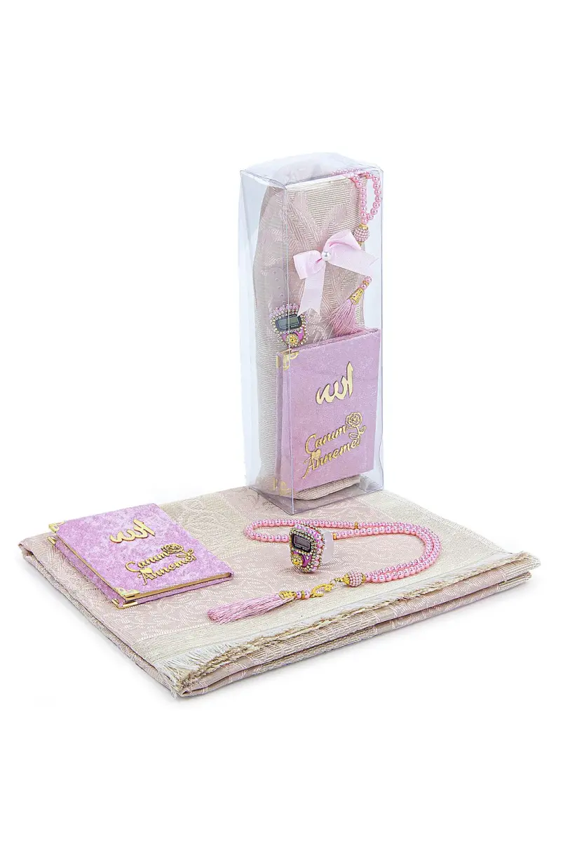 Anneler Gününe Özel Kutulu Kadife Yasin Kitabı Tesbih Zikirmatik Seccade Seti Pembe - 1