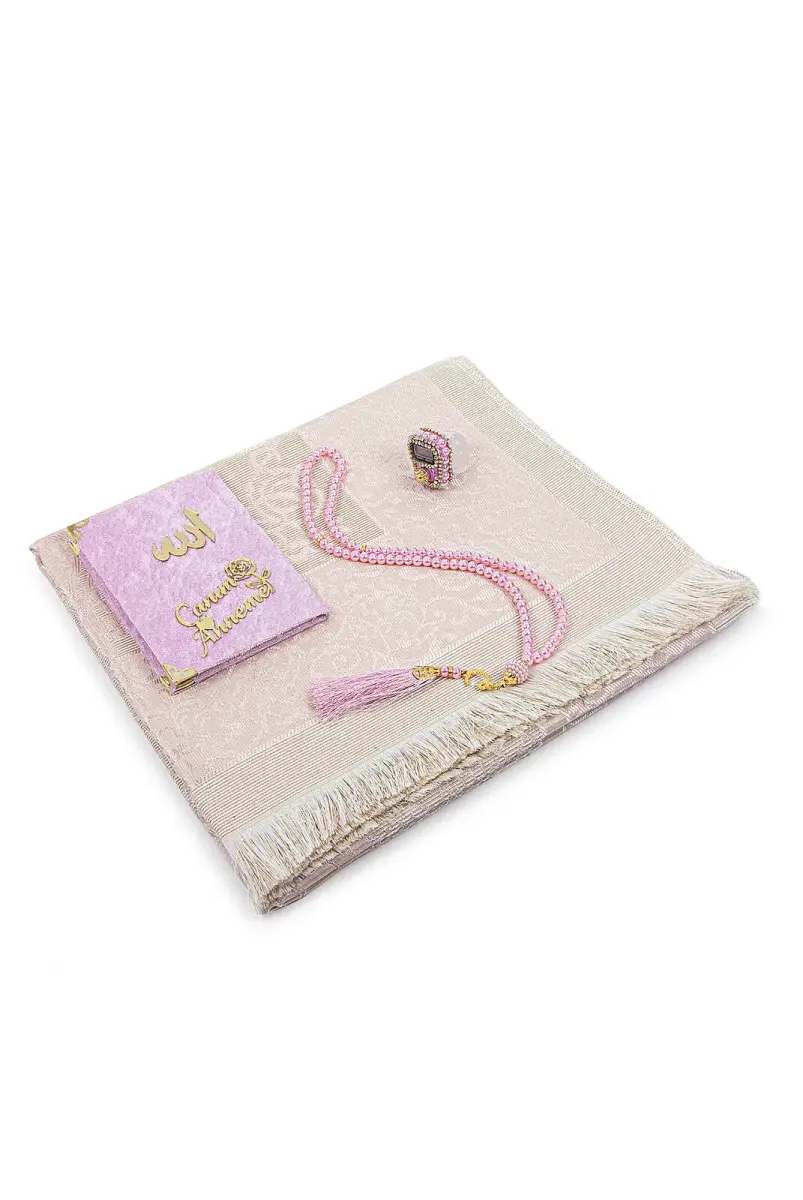 Anneler Gününe Özel Kutulu Kadife Yasin Kitabı Tesbih Zikirmatik Seccade Seti Pembe - 2