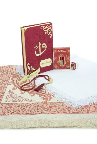 Anneler Gününe Özel Sandıklı Kadife Kuranı Kerim Seti Şal Tesbih Esans Zikirmatik Seccade Seti Bordo - 3