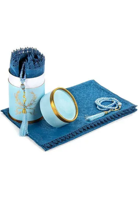 Anneler Gününe Özel Silindir Kutulu Set - İnci Tesbihli - Pamuklu Desenli Fistolu Mevlid Örtülü - Petrol Renk - 1