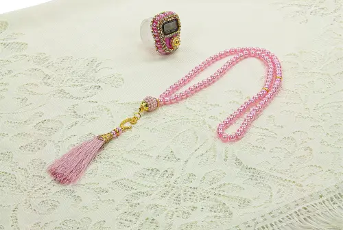 Anneler Gününe Özel Tesbih Zikirmatik Şal Canım Annem Nakışlı Seccade Seti Pembe - 4