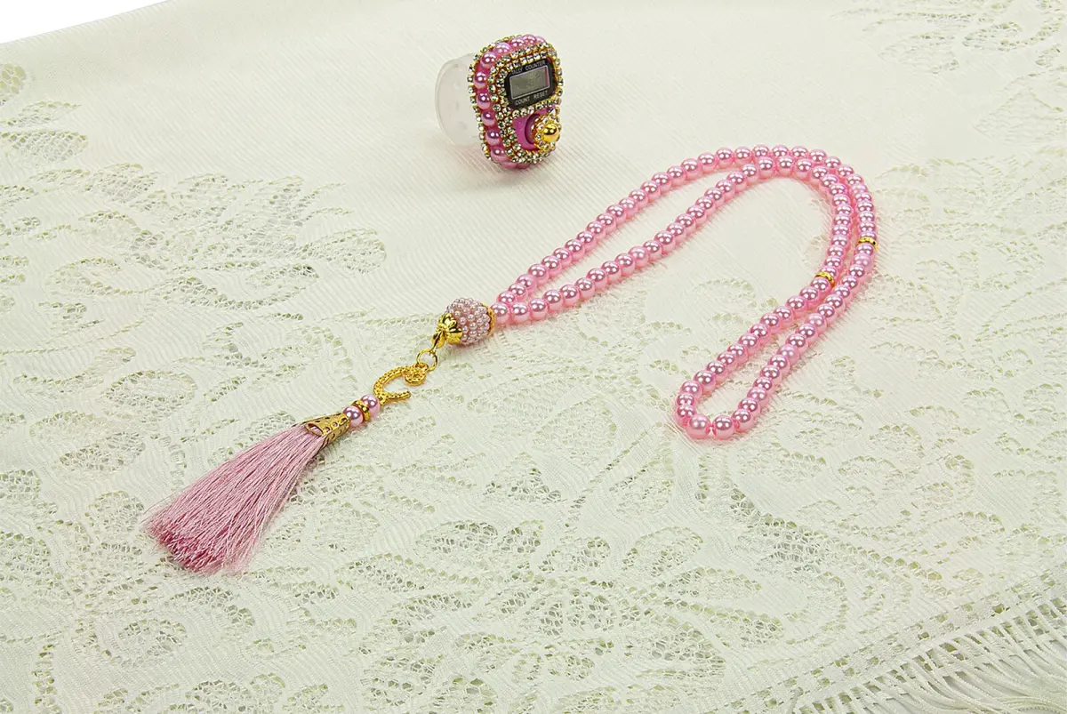 Anneler Gününe Özel Tesbih Zikirmatik Şal Canım Annem Nakışlı Seccade Seti Pembe - 4