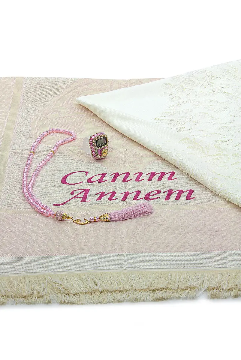Anneler Gününe Özel Tesbih Zikirmatik Şal Canım Annem Nakışlı Seccade Seti Pembe - 5