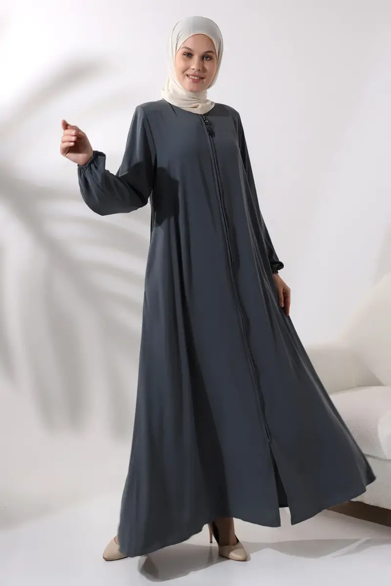 Anthracite Zippered Sleeve Elastic Medina Silk Mevlana Model Hijab Abaya - 3