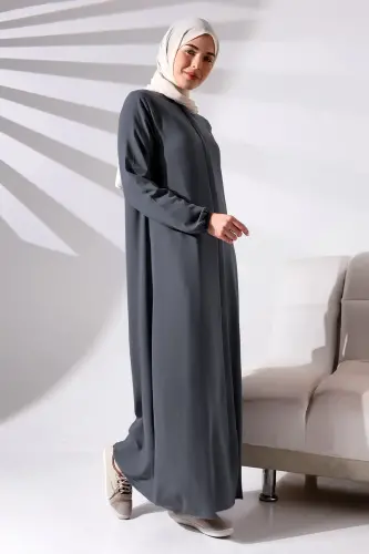 Antrasit Sade Gizli Fermuarlı Aveze Hac Umre Tesettür Ferace - 3
