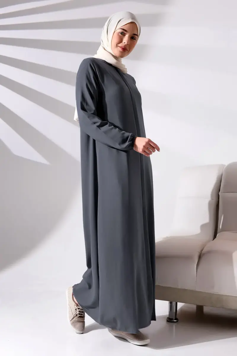 Antrasit Sade Gizli Fermuarlı Aveze Hac Umre Tesettür Ferace - 3