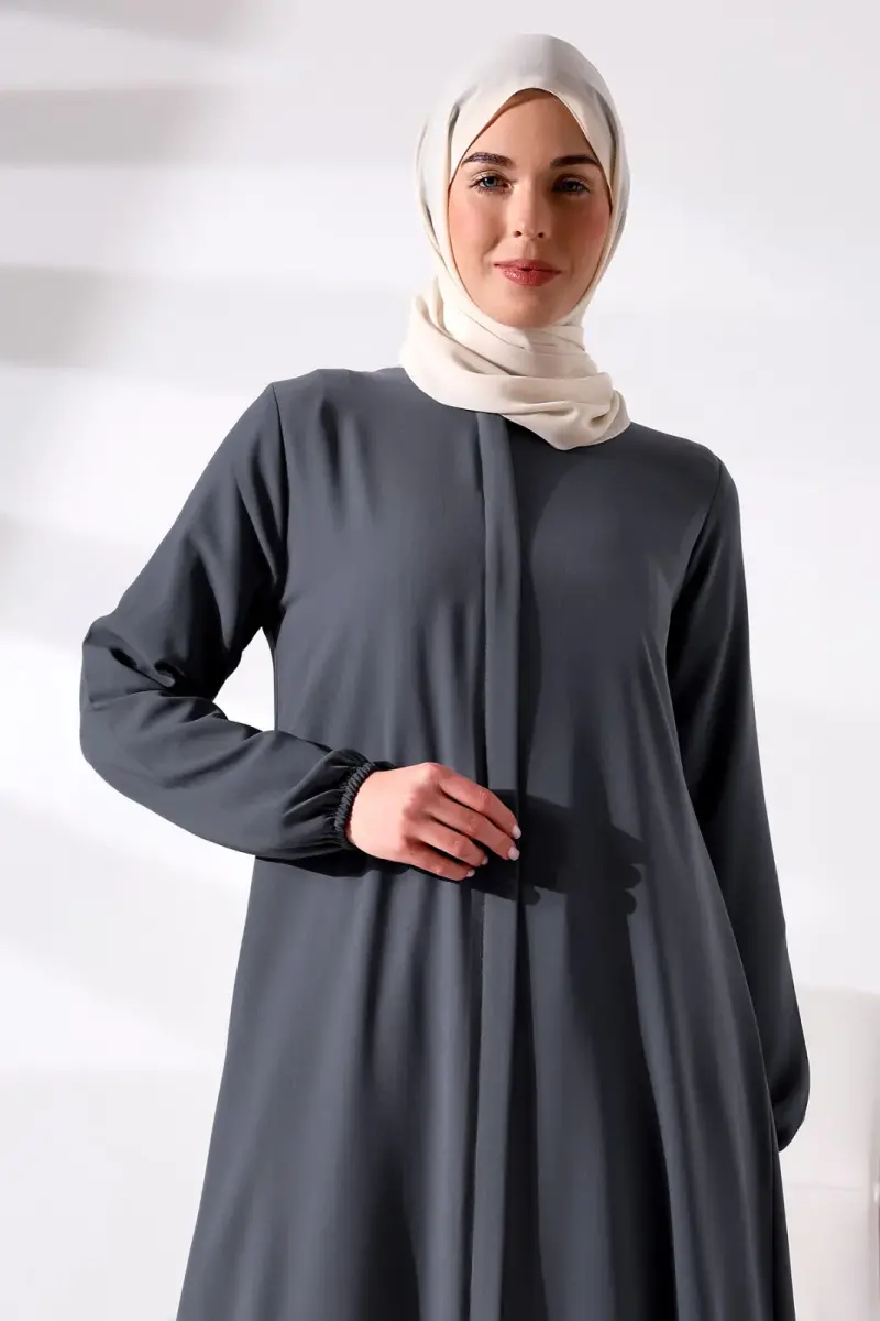 Antrasit Sade Gizli Fermuarlı Aveze Hac Umre Tesettür Ferace - 7