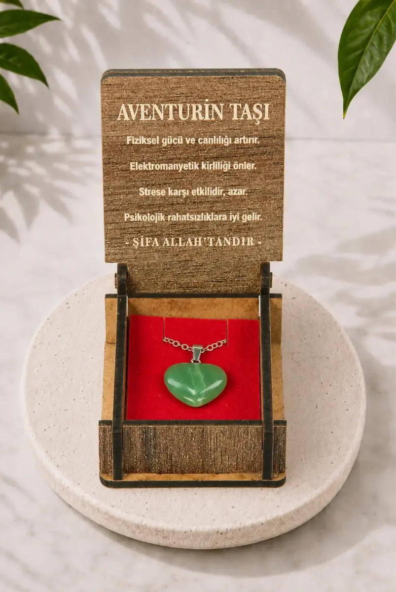 Aventurin Taşı Kalp Kolye - Ahşap Kutulu Hediyelik - 1