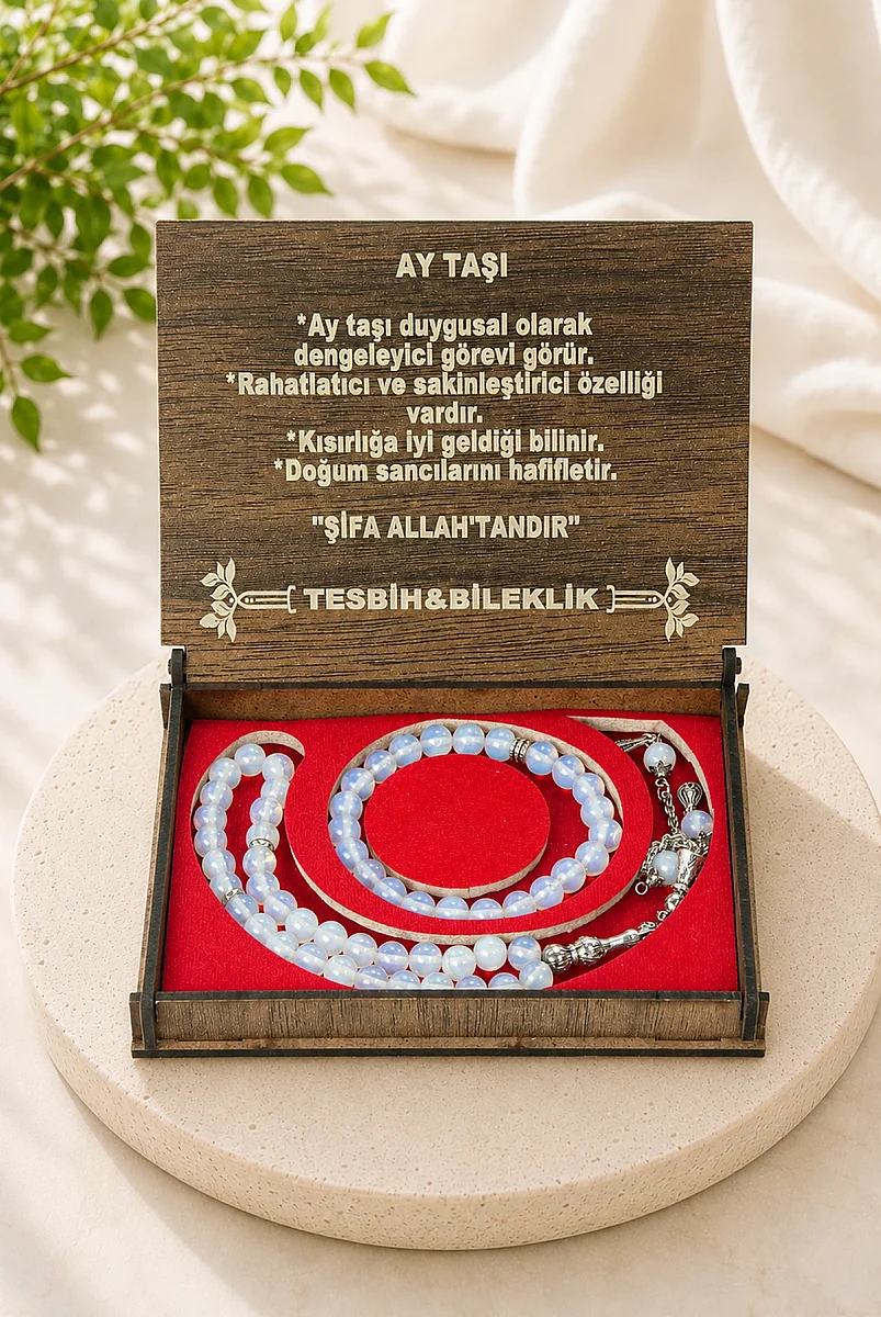Ay Taşı 33 lu Tesbih ve Bileklik Seti – Ahşap Kutulu Hediye Seti - 1