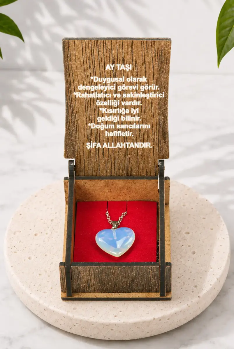 Ay Taşı Kalp Kolye - Ahşap Kutulu Hediyelik - 1