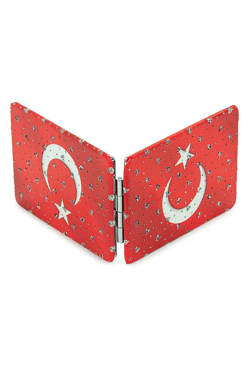 Ay Yıldızlı Taşlı Katlanır Cep Aynası Bayraklı Kırmızı - 5