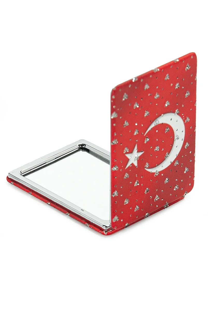 Ay Yıldızlı Taşlı Katlanır Cep Aynası Bayraklı Kırmızı - 4
