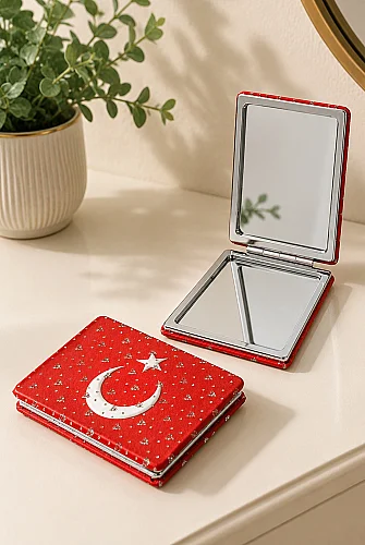 Ay Yıldızlı Taşlı Katlanır Cep Aynası Bayraklı Kırmızı - 1