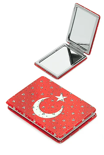 Ay Yıldızlı Taşlı Katlanır Cep Aynası Bayraklı Kırmızı - 3