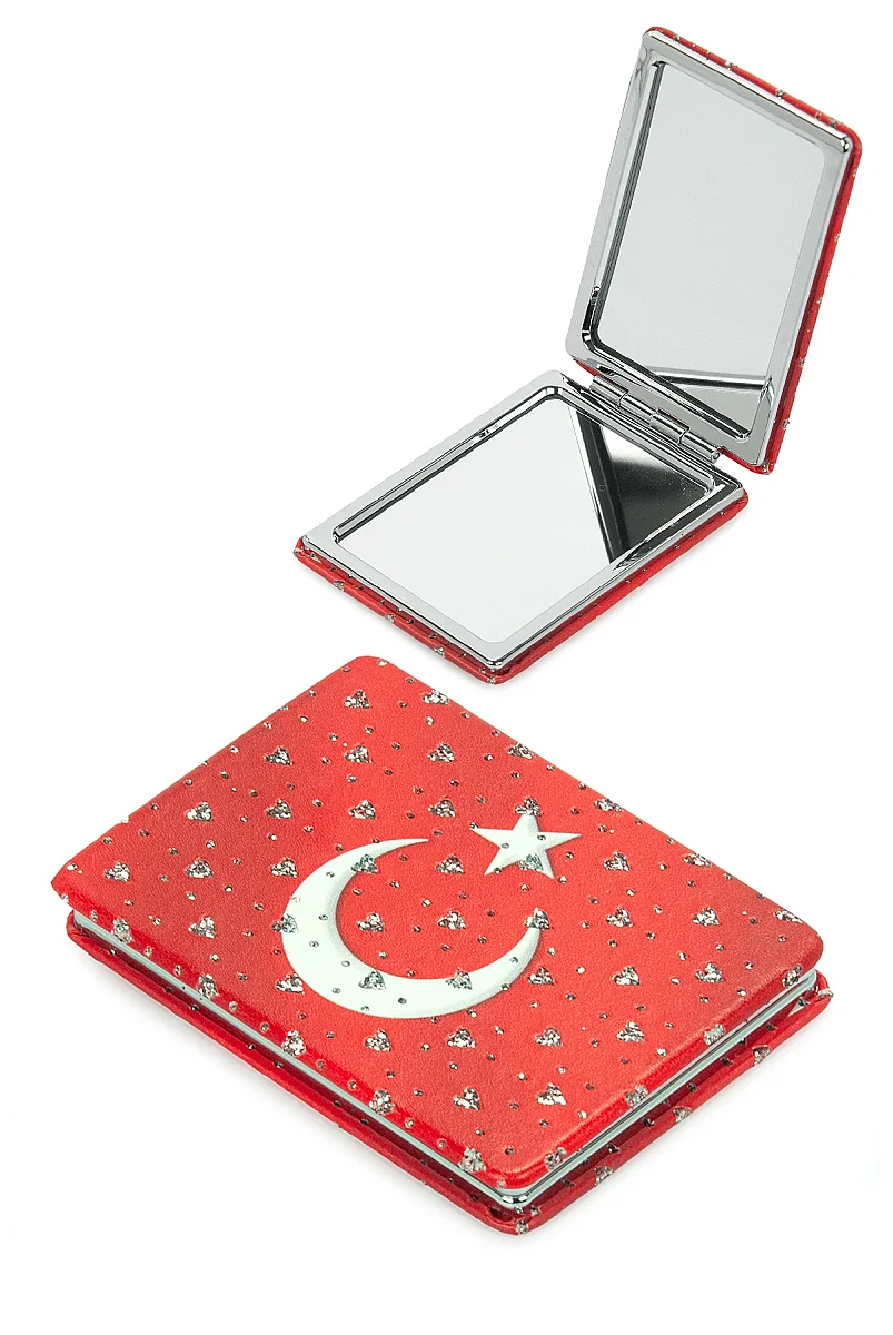 Ay Yıldızlı Taşlı Katlanır Cep Aynası Bayraklı Kırmızı - 3