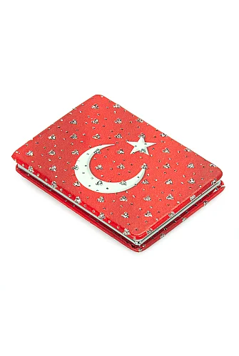 Ay Yıldızlı Taşlı Katlanır Cep Aynası Bayraklı Kırmızı - 6