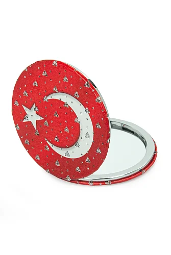 Ay Yıldızlı Yuvarlak Taşlı Katlanır Cep Aynası Bayraklı Kırmızı - 3