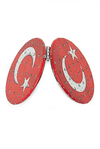 Ay Yıldızlı Yuvarlak Taşlı Katlanır Cep Aynası Bayraklı Kırmızı - 4