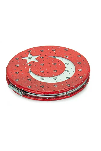 Ay Yıldızlı Yuvarlak Taşlı Katlanır Cep Aynası Bayraklı Kırmızı - 5