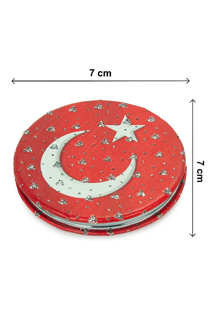 Ay Yıldızlı Yuvarlak Taşlı Katlanır Cep Aynası Bayraklı Kırmızı - 2