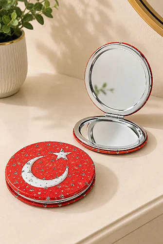 Ay Yıldızlı Yuvarlak Taşlı Katlanır Cep Aynası Bayraklı Kırmızı - 1