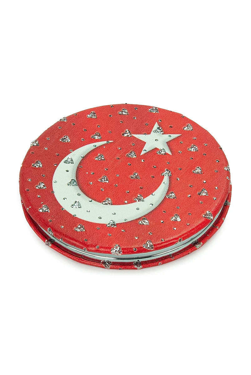 Ay Yıldızlı Yuvarlak Taşlı Katlanır Cep Aynası Bayraklı Kırmızı - 6