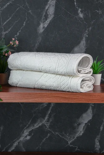 Ayak İzi Desenli 2li Ayak Havlusu - 50x70 cm - Su Emici Banyo Paspası Seti - Beyaz - 3