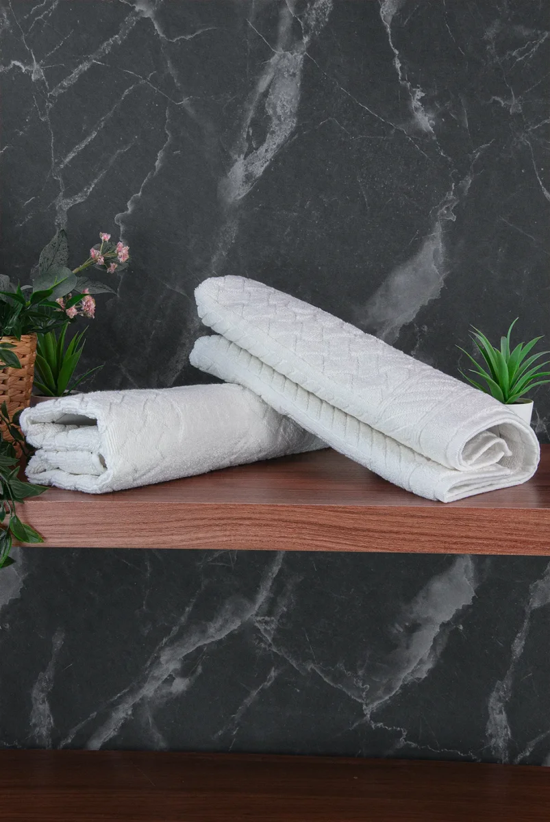 Ayak İzi Desenli 2li Ayak Havlusu - 50x70 cm - Su Emici Banyo Paspası Seti - Beyaz - 4