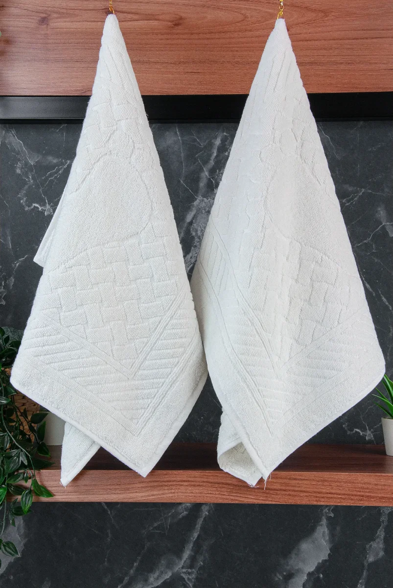 Ayak İzi Desenli 2li Ayak Havlusu - 50x70 cm - Su Emici Banyo Paspası Seti - Beyaz - 5