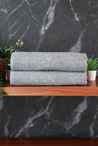 Ayak İzi Desenli 2li Ayak Havlusu - 50x70 cm - Su Emici Banyo Paspası Seti - Gri - ihvanonline (1)
