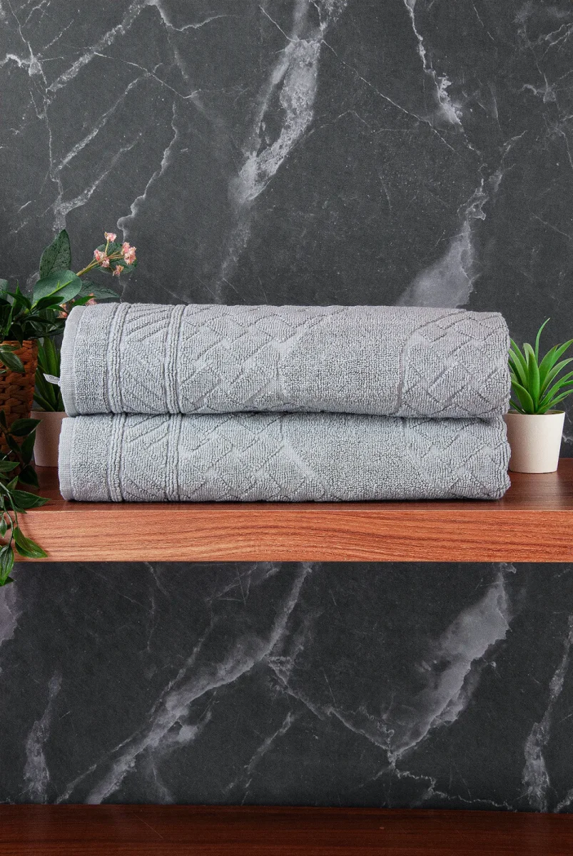 Ayak İzi Desenli 2li Ayak Havlusu - 50x70 cm - Su Emici Banyo Paspası Seti - Gri - 2