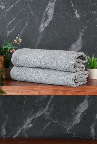 Ayak İzi Desenli 2li Ayak Havlusu - 50x70 cm - Su Emici Banyo Paspası Seti - Gri - 3