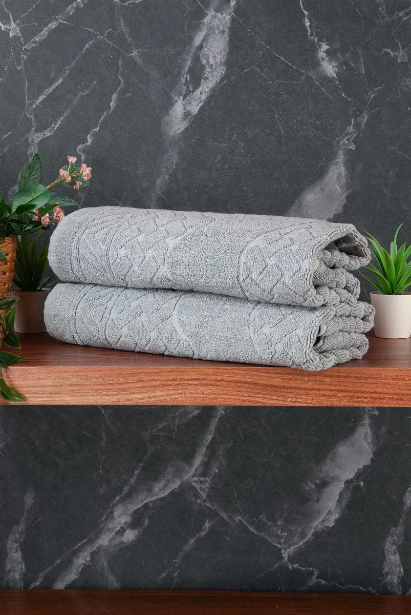 Ayak İzi Desenli 2li Ayak Havlusu - 50x70 cm - Su Emici Banyo Paspası Seti - Gri - 3