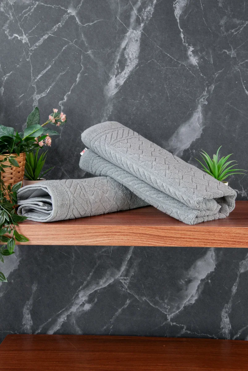 Ayak İzi Desenli 2li Ayak Havlusu - 50x70 cm - Su Emici Banyo Paspası Seti - Gri - 4