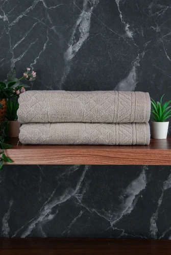 Ayak İzi Desenli 2li Ayak Havlusu - 50x70 cm - Su Emici Banyo Paspası Seti - Krem - ihvanonline (1)