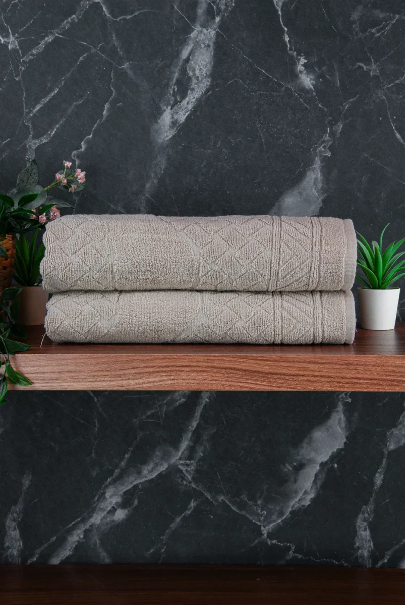 Ayak İzi Desenli 2li Ayak Havlusu - 50x70 cm - Su Emici Banyo Paspası Seti - Krem - 2