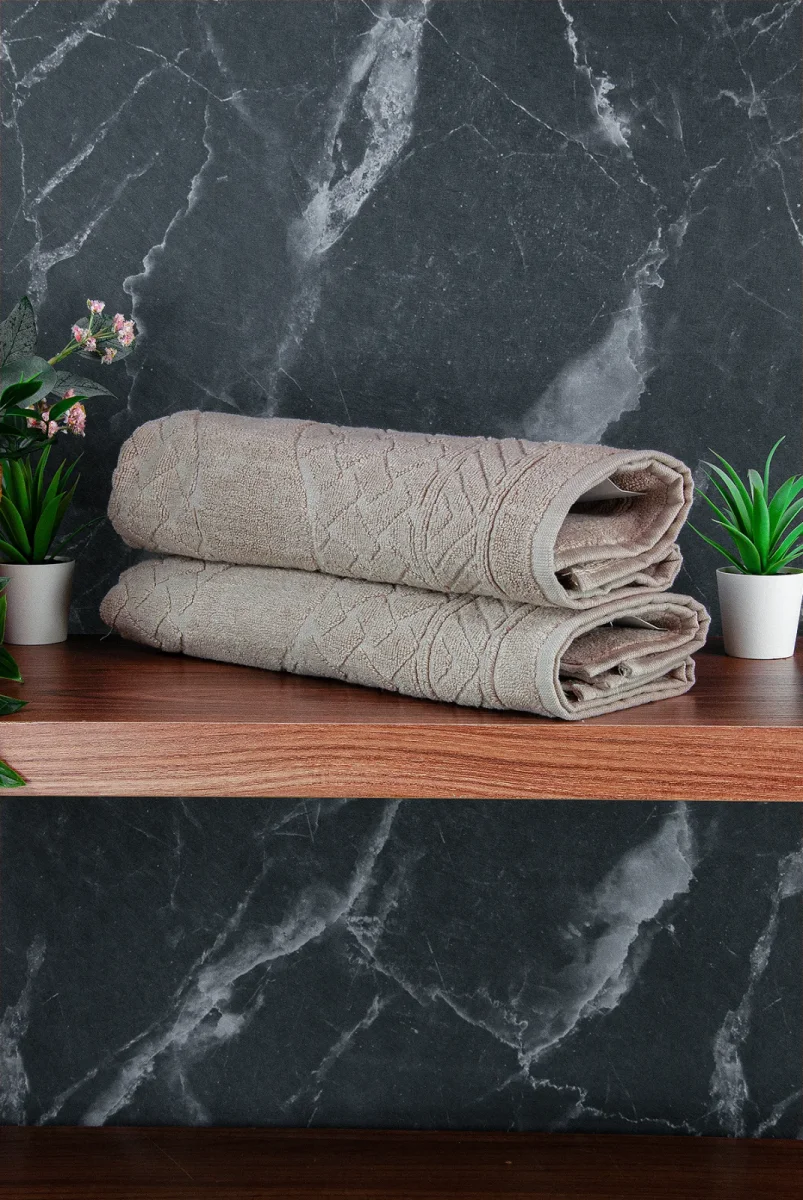 Ayak İzi Desenli 2li Ayak Havlusu - 50x70 cm - Su Emici Banyo Paspası Seti - Krem - 3