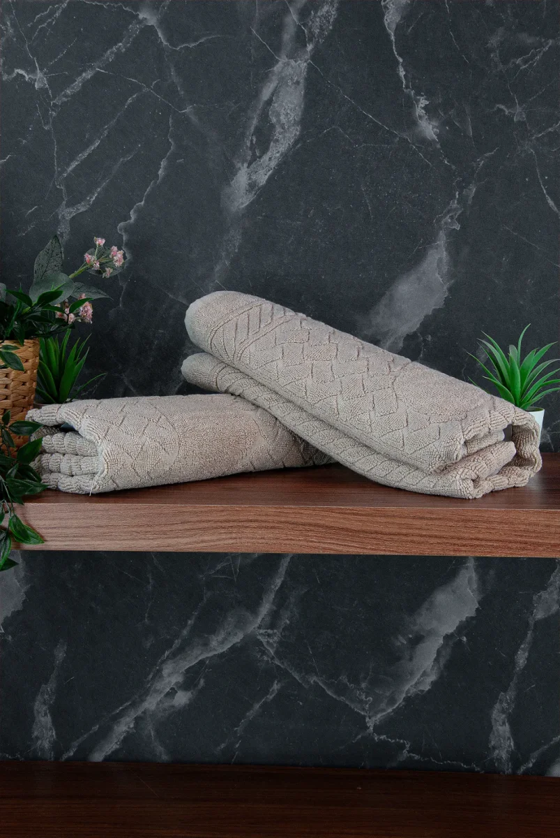 Ayak İzi Desenli 2li Ayak Havlusu - 50x70 cm - Su Emici Banyo Paspası Seti - Krem - 4